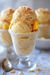 Poster - Two scoops of mango coconut ice cream in a glass bowl with mango slices and coconut flakes on top.