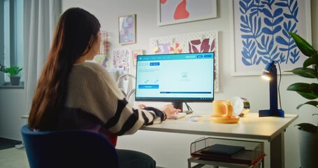 Fototapete - back view of girl typing prompt in artificial intelligence app on pc. ai video generator generates d
