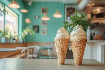 Sticker - Two scoops of vanilla ice cream in waffle cones on a table in a cafe.