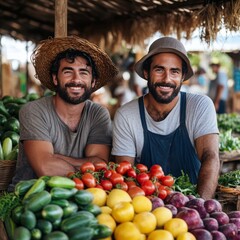 Canvas Print - Two smiling farmers with fresh produce at a market.