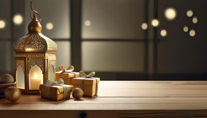 Wooden table decorated with Ramadan ornaments and small gift boxes.