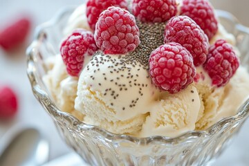 Poster - Vanilla ice cream with chia seeds and raspberries in a glass bowl.