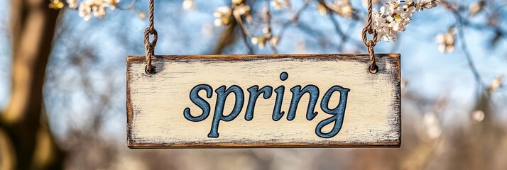 Wall Mural - Rustic wooden sign displaying  spring  surrounded by vibrant nature and the beauty of the season