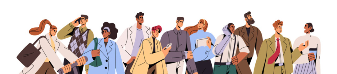 Fototapete - Banner with crowd of office workers, employees. Business team goes to work together. Busy people communicate by phone, hurry. Group of colleagues walks. Flat isolated vector illustration on white