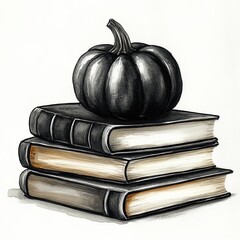 Black pumpkin on stack of vintage books, A dark-themed illustration of a black pumpkin placed on a stack of vintage books, evoking a mysterious and gothic autumn vibe.

