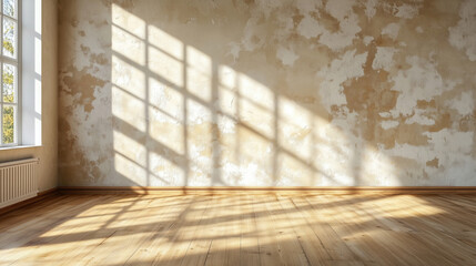 An empty room with sunlight streaming through large windows, casting shadows on the wooden floor. The rustic walls and natural light create a serene and minimalist atmosphere.