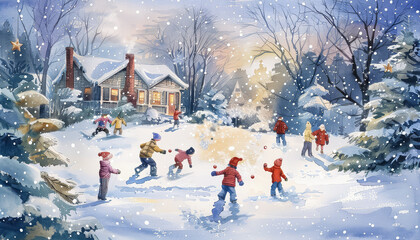 Wall Mural - A group of children playing in the snow