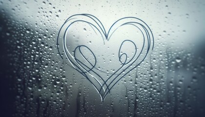 Heart shape drawn on a foggy window with water droplets. Close-up photography. Love and romance concept for design and print