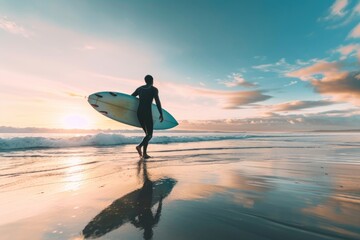 Wall Mural - Affrican american male surfboard standing outdoors.