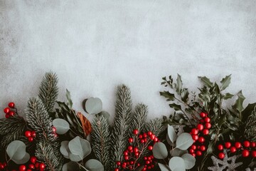 Wall Mural - Christmas greenery and red berries on a textured light gray background with copy space.