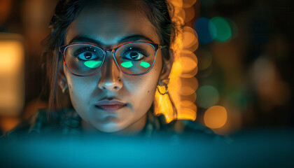 Wall Mural - A woman wearing glasses is looking at a computer screen