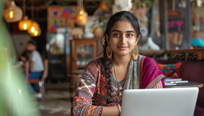 Canvas Print - A woman is sitting at a table with a laptop in front of her