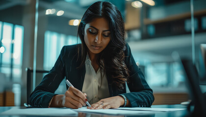 Canvas Print - A woman in a suit is writing on a piece of paper