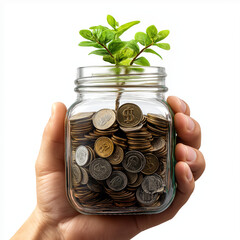 tree growing Glass jar full of  coins and sprouting plants in hand