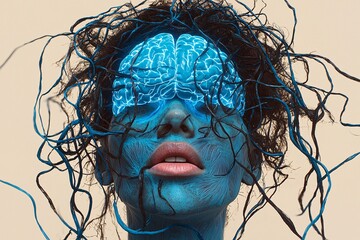 Poster - Futuristic Woman with Glowing Brain and Wired Hair Digital Art Abstract AI Concept F