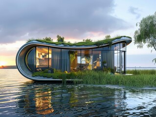 Canvas Print - A modern, curved house sits on a lake, surrounded by lush greenery. AI.