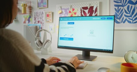 Fototapete - back view of girl typing prompt in artificial intelligence chatbot on computer. ai video generator c