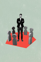 vertical photo collage of serious man boss meeting discussion gathering company business wooden figu