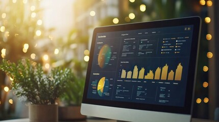 Poster - Detailed view of business data dashboards with advanced software, marketing strategies.