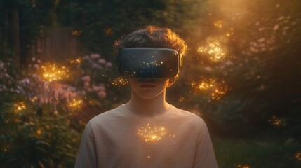 Aufkleber - Young man exploring a high-tech virtual world wearing a VR headset.