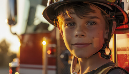 Wall Mural - A young boy wearing a firefighter's helmet and a red shirt is smiling