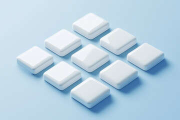 Nine glossy white square buttons arranged in a diamond pattern on a soft blue surface creating a simple modern aesthetic  
