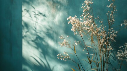 Poster - Delicate Floral Shadows on Teal Wall