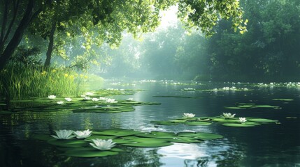 Sticker - Serene River with Lilies and Sunlight