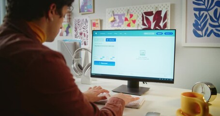 Fototapete - young man enters prompt in artificial intelligence chatbot on pc. advanced ai video generator softwa