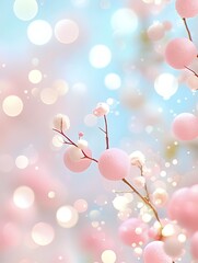 Wall Mural - branch with soft pink and white spherical ornaments against a pastel bokeh background. abstract and 