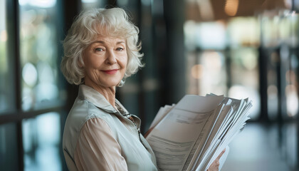 Sticker - A woman with gray hair is holding a stack of papers