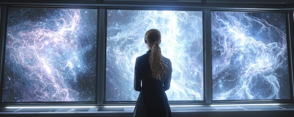 Poster - Woman Observing Cosmic Phenomenon Through Windows