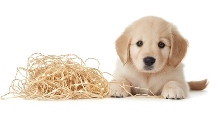 Golden puppy with tangled yarn, white background