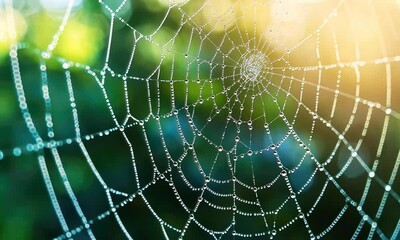 Wall Mural - Mesmerizing close up view of a delicate spider web glistening with tiny dewdrops in the soft natural light of dawn or dusk  The intricate gossamer like structure is illuminated 