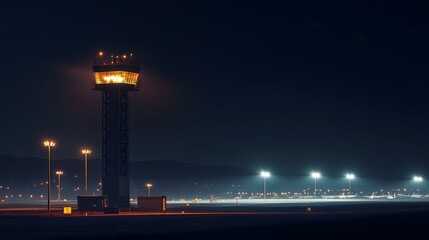 Night View of a Control Tower with Glowing Runway Lights