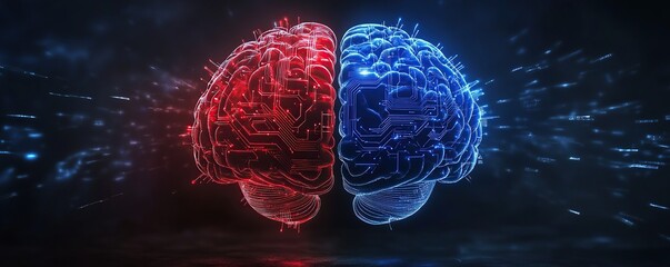 Poster - A digital brain split in half, one side red and the other blue with circuit patterns on it