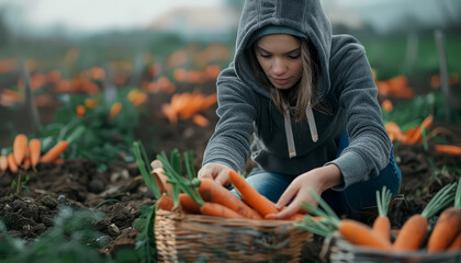 Sticker - A woman is standing in a field of carrots