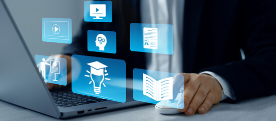 Wall Mural - digital internet lessons and online webinar on virtual screen.e-learning education.education interne