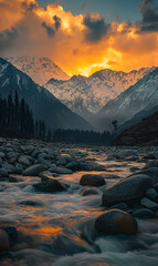 A beautiful river in the mountains of Kashmir, snowcapped peaks and rocks in the foreground, golden hour, clouds, twilight, stunning nature photography, award-winning photography, best quality, shot w