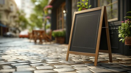 Old fashioned chalkboard mockup on paved road. Street cafe promotion sandwich banner template advertising image. Outdoor restaurant blackboard mock up product photorealistic