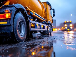 The image features a yellow tanker truck navigating a rain-soaked street, with reflections emphasizing the vehicle’s structure and bright colors amid the cloudy atmosphere.