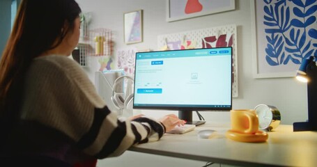 Fototapete - back view of girl entering prompt in ai video generator on pc. artificial intelligence app generates