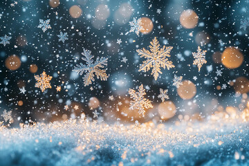 Wall Mural - Magical snowfall with sparkling snowflakes under soft light