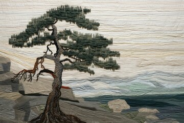 Wall Mural - Pine tree on the coastal cliff land art illustrated.