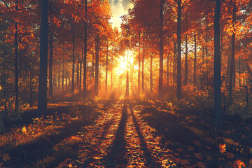 Poster - Golden sunlight filters through autumn trees in a vibrant forest