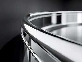 Close-up of a polished chrome railing with a curved design against a dark background.