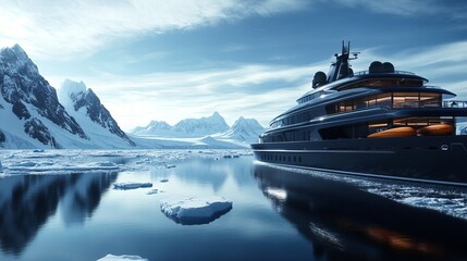 A stunning image of a luxurious yacht anchored in a tranquil, icy seascape, surrounded by majestic mountains and floating icebergs under a clear blue sky