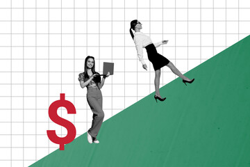 Sticker - Composite photo collage of two happy freelancer girls business partners development dollar income success isolated on painted background