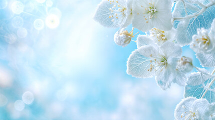 Poster - Frosted White Flowers on Branches With Ice Crystals Against Light Blue Background. Winter festive card