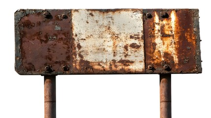 Weathered and rusty metal signboard mounted on two poles, cut out